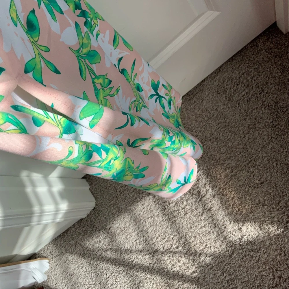 C. Wonder by Christian Siriano Pink with Bold Green Leaf Print Jumpsuit - Picture 5 of 7